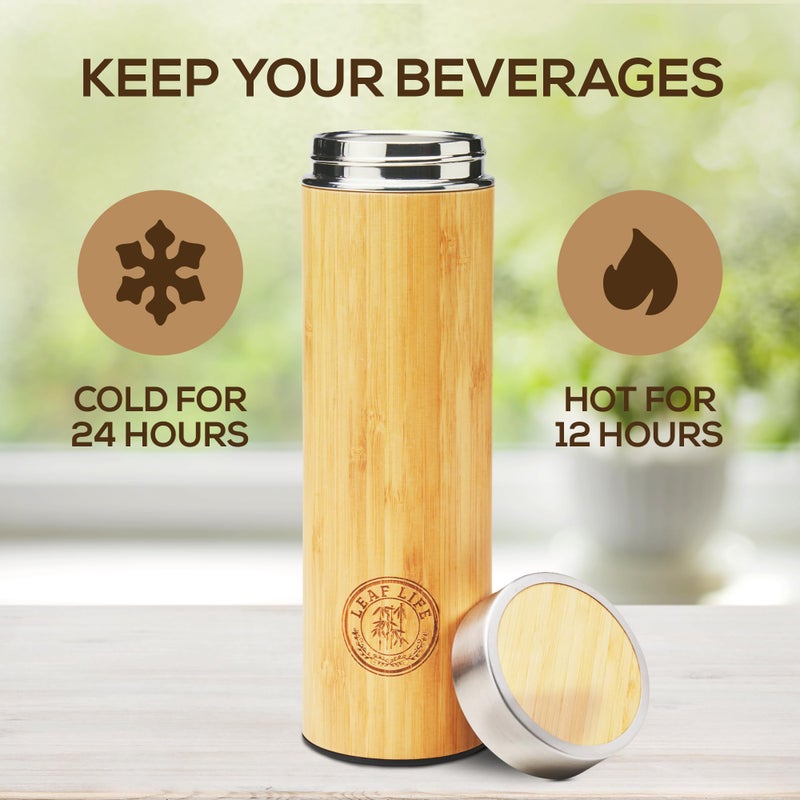 LeafLife Premium Bamboo Thermos with Tea Infuser for Loose Tea 12oz - Tea Gift Set - Insulated Water Bottle/Iced Coffee Tumbler - Unique Gifts for Women  Gifts For Women Who Have Everything  Mothers Day Gifts - Image 3